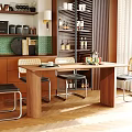 Modern Wooden Dining Table With Metal Chairs And Kitchen Shelves Interior