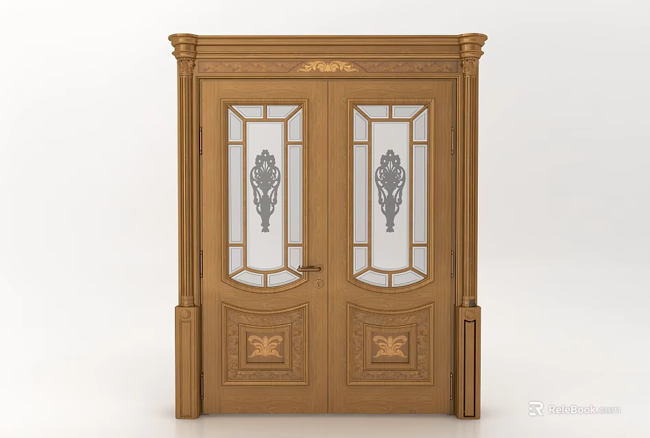 Elegant Wooden Double Doors With Carved Patterns And Glass Inserts Design 3d model 