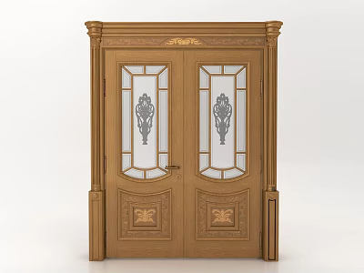 Elegant Wooden Double Doors With Carved Patterns And Glass Inserts Design 3d model
