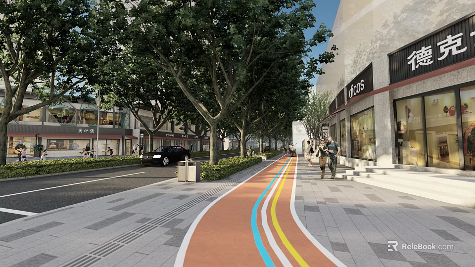 Urban Street Landscape With Lush Trees Colorful Bike Lane And Pedestrian Walkway 3d model 