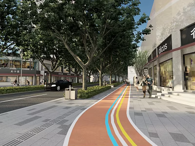 Urban Street Landscape With Lush Trees Colorful Bike Lane And Pedestrian Walkway 3d model