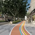 Urban Street Landscape With Lush Trees Colorful Bike Lane And Pedestrian Walkway