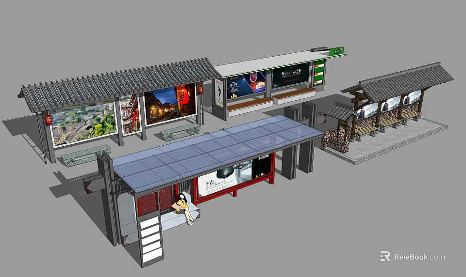 Modern Bus Station With Traditional Roof Billboards Benches And Passenger Area 3d model 