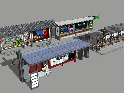 Modern Bus Station With Traditional Roof Billboards Benches And Passenger Area 3d model