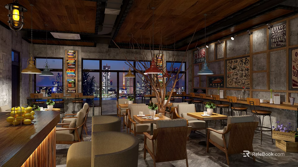Modern Café Interior With Wooden Ceiling Large Windows Comfortable Seating And Hanging Lights 3d model 