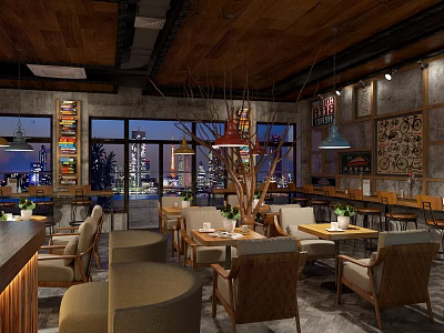 Modern Café Interior With Wooden Ceiling Large Windows Comfortable Seating And Hanging Lights 3d model
