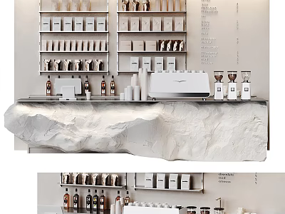 Modern Minimalist Bar Counter Interior With Stone Top And Shelves Displaying Bottles And Containers 3d model