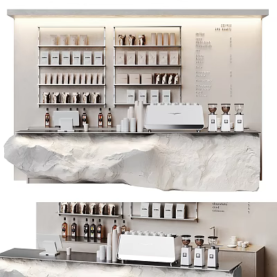 Modern Minimalist Bar Counter Interior With Stone Top And Shelves Displaying Bottles And Containers 3d model