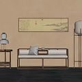 Traditional Chinese Interior Design With Beige Wall Calligraphy Art Bench Side Table And Floor Lamps