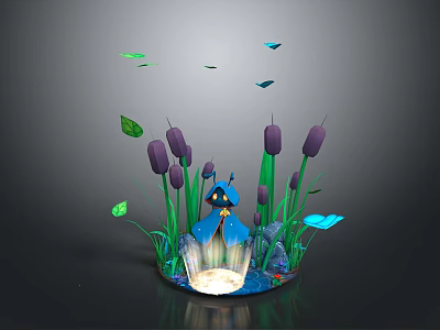 Colorful Aquarium Display With Purple Aquatic Plants Green Leaves Blue Decorations And Illuminated Base 3d model