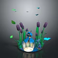 Colorful Aquarium Display With Purple Aquatic Plants Green Leaves Blue Decorations And Illuminated Base