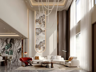 Luxurious Modern Living Room Interior With Large Sofa Red Armchair Crystal Chandelier And Decorative Wall Art 3d model