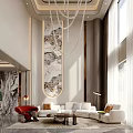 Luxurious Modern Living Room Interior With Large Sofa Red Armchair Crystal Chandelier And Decorative Wall Art