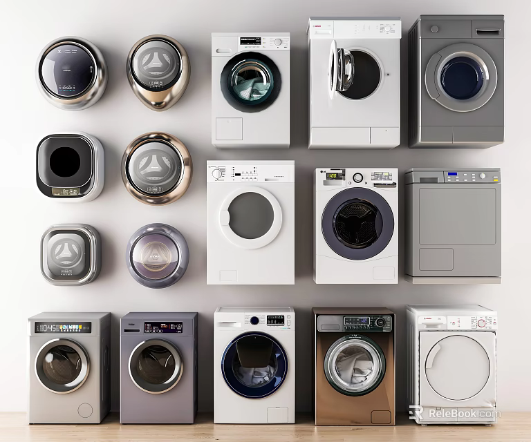 Various Styles And Colors Of Washing Machines Arranged Neatly On 3d model 