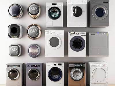 Various Styles And Colors Of Washing Machines Arranged Neatly On 3d model