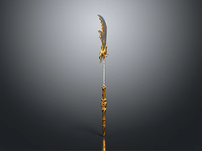 Fantasy Character Weapon With Golden Hilt And Mythical Creature Carvings 3d model