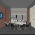 Elegant Private Dining Room Interior with Round Table Chairs Sofa and Decorative Wall