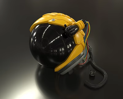 Yellow Sphere Shaped Device With Black Transparent Section Colorful Wires And Black Strap 3d model