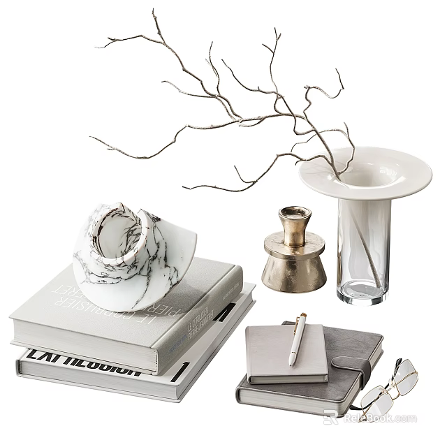 Elegant Decorative Ornament Set With Glass Vase Branches Marble Book Metal Accent Notebook And Pen 3d model 