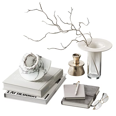 Elegant Decorative Ornament Set With Glass Vase Branches Marble Book Metal Accent Notebook And Pen 3d model