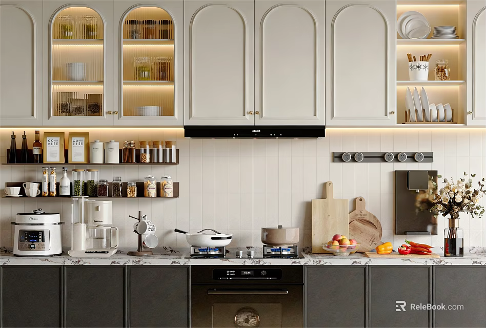 Modern Kitchen Featuring Cabinets Marble Countertop Kitchenware Appliances And Fresh Fruits 3d model 