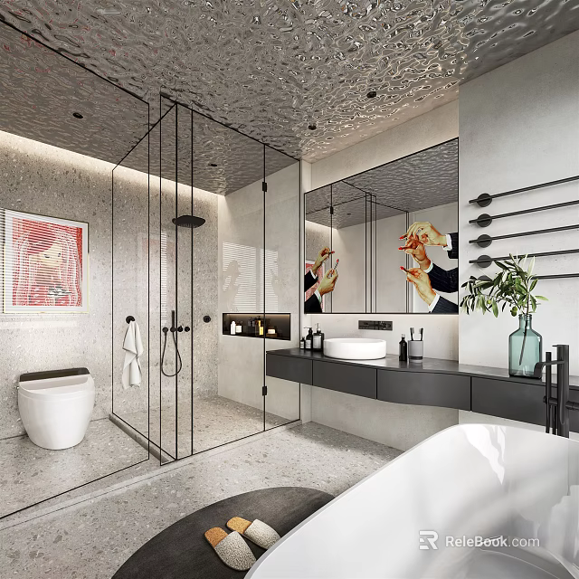 Modern Bathroom Interior With Glass Shower Toilet Bathtub Vanity Mirror Towel Rack And Green Plant 3d model 