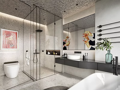 Modern Bathroom Interior With Glass Shower Toilet Bathtub Vanity Mirror Towel Rack And Green Plant 3d model