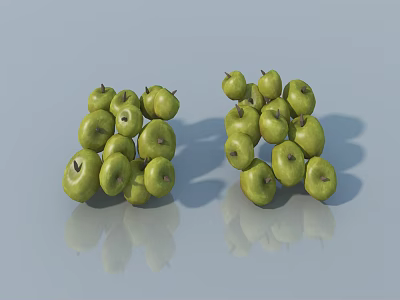 Fresh Green Apples Arranged In Two Piles On Smooth Reflective Surface 3d model