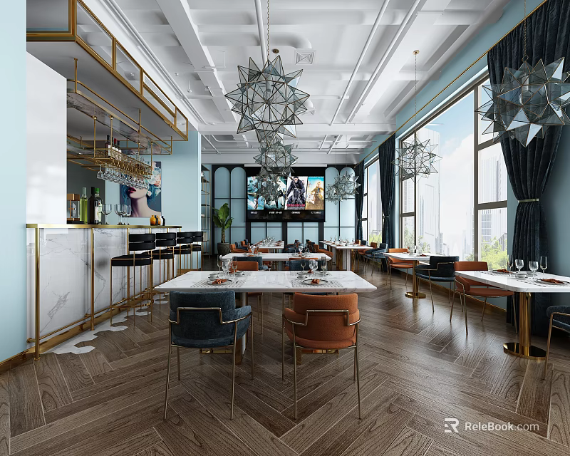 Elegant Modern Restaurant Interior With Chandeliers Marble Bar Large Windows And Wooden Floors 3d model 