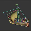 Vintage Wooden Sailing Ship With Yellow Sail Decorative Details And Flag