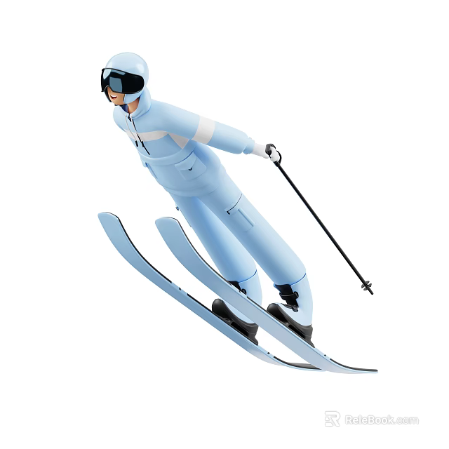 Man in Light Blue Ski Suit Performing Ski Jump with Helmet Goggles and Ski Poles 3d model 