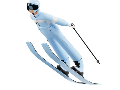 Man in Light Blue Ski Suit Performing Ski Jump with Helmet Goggles and Ski Poles 3d model