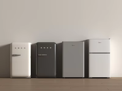 Four Stylish Refrigerators In Different Colors And Modern Designs For Kitchen Use 3d model