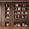 Elegant Wooden Bookcase With Glass Doors And Displayed Books Decorative Items Photo Frames Vases
