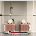 Modern Elegant Pink Wooden Bedside Tables With Green Plant And Table Lamps