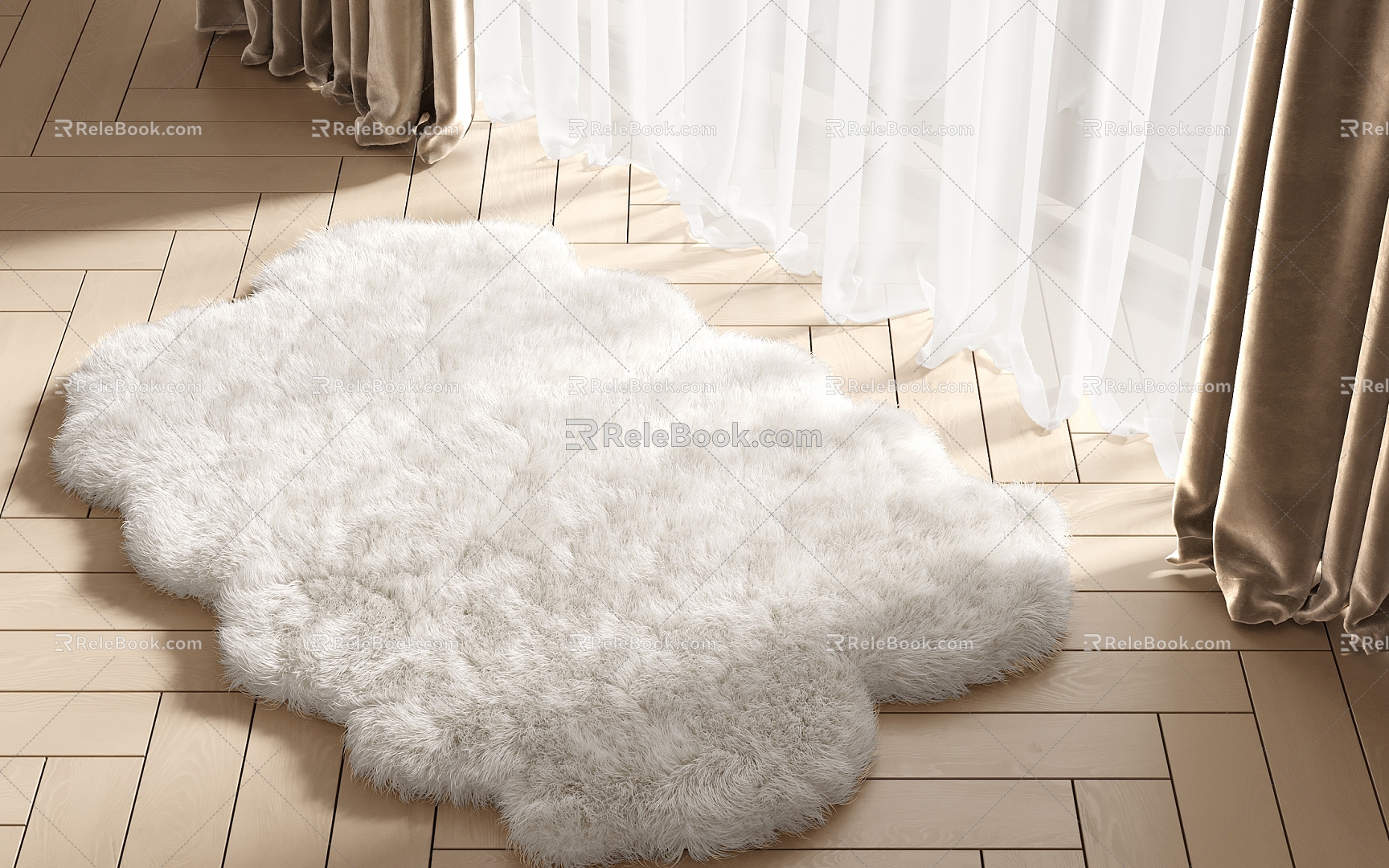 Modern Carpet Plush Carpet Wood Floor Curtain Gauze Curtain 3d model