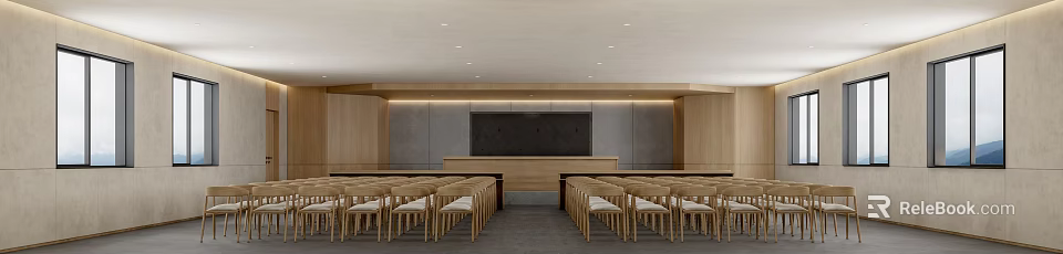 Modern Conference Room Interior With Wooden Podium Large Screen And Chairs 3d model 
