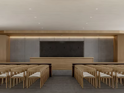 Modern Conference Room Interior With Wooden Podium Large Screen And Chairs 3d model