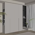 Modern White Wardrobe Design With Open Black Shelves And Potted Plant By Window