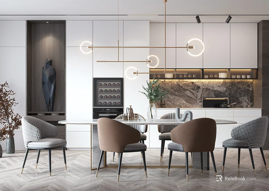 Modern Dining Table Set With Chairs Pendant Lights Cabinets And Marble Backsplash 3d model