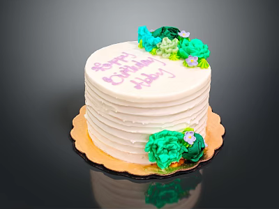 Birthday Cake with White Frosting Pink Happy Birthday Text Green Blue Flowers on Golden Tray 3d model