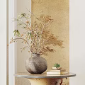 Decorative Vase With Dried Branches And Small Flowers On Round Wooden Table With Traditional Mural