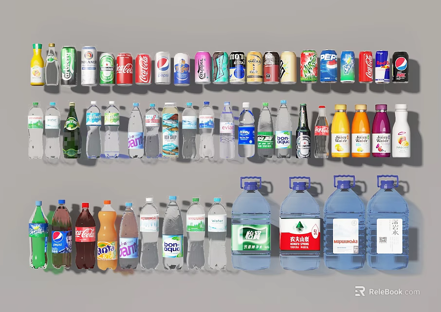 Assorted Beverage Bottle Collection Displaying Various Brands Colors And Flavors 3d model