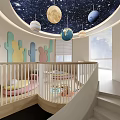 Bright Kindergarten Classroom Featuring Wooden Shelves Violin Toys Books and Small Stools