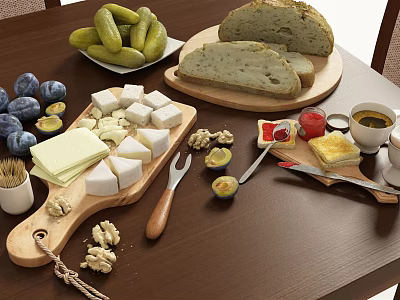 Assorted Food Platter with Bread Pickles Cheese Blueberries Walnuts and Coffee on Wooden Table 3d model