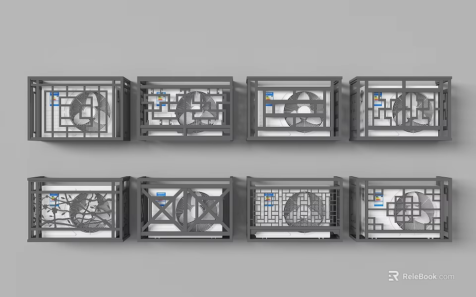 Multiple Metal Fence Designs Featuring Geometric Patterns And Blue Details 3d model 