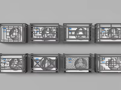 Multiple Metal Fence Designs Featuring Geometric Patterns And Blue Details 3d model