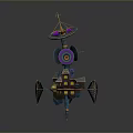 Futuristic Sci-Fi Mechanical Structure With Multiple Discs Antennas Small Houses And Teal Purple Accents