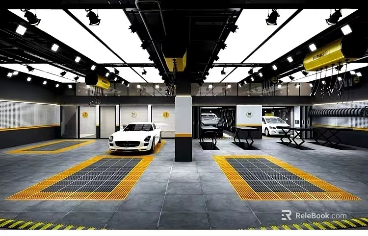 Modern 4S Car Dealership Showroom Featuring White Luxury Vehicles And Yellow Grille Floors 3d model 