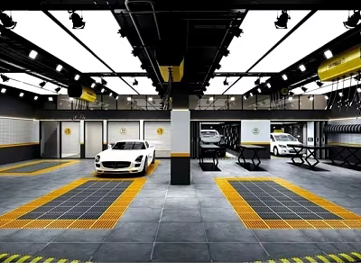 Modern 4S Car Dealership Showroom Featuring White Luxury Vehicles And Yellow Grille Floors 3d model